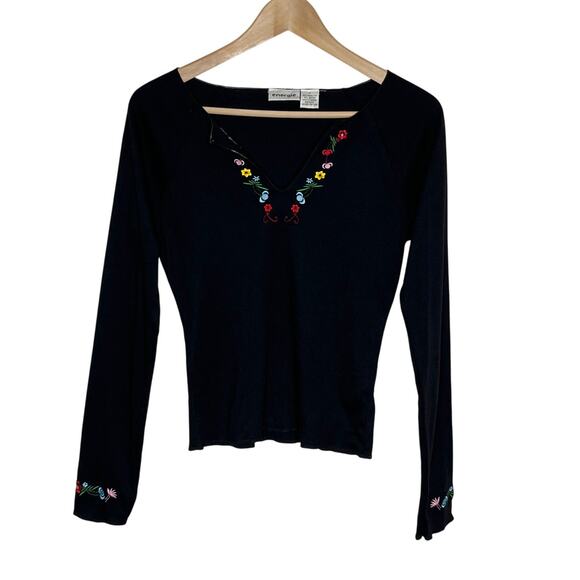 Vintage Y2K Energie Long Sleeve Embroidered Tee Womens Medium Black Floral - Picture 1 of 10